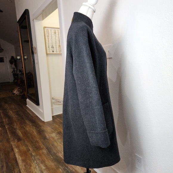 EILEEN FISHER CHARCOAL LIGHTWEIGHT STAND-UP COLLAR WOOL MID LENGTH COAT SZ SMALL - Picture 7 of 14